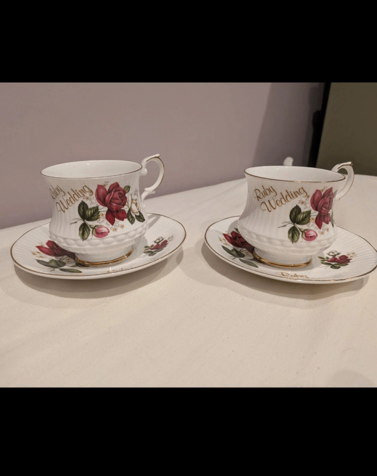 Pair of Ruby Wedding Anniversary Teacups and Saucers - Bone China