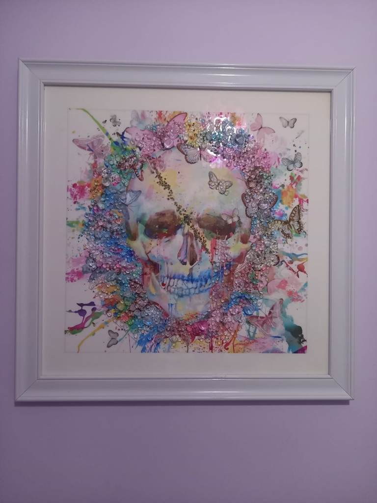 White framed colourful skull art 49cmx49cm