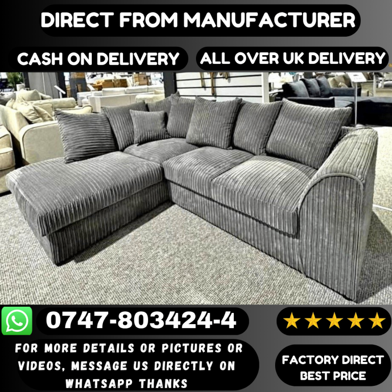 Brand New Grey Corner Sofa – Corduroy Fabric