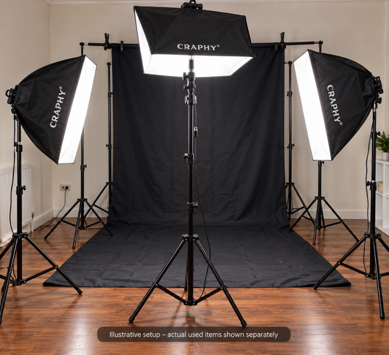 CRAPHY Studio Lighting Kit – 3 Softboxes, 12 Bulbs & Backdrops
