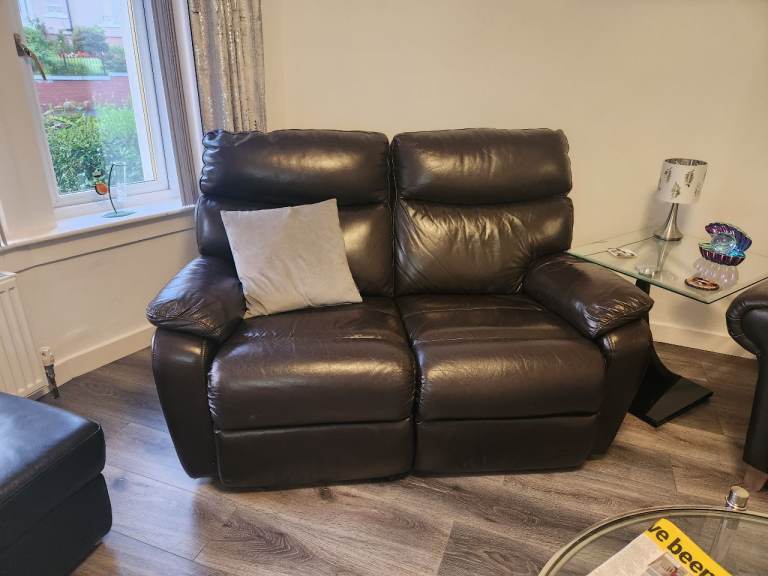 Brown Leather 2-Seater Recliner Sofa – Good Condition