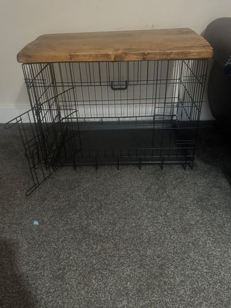 Dog crate with oak wood topper 