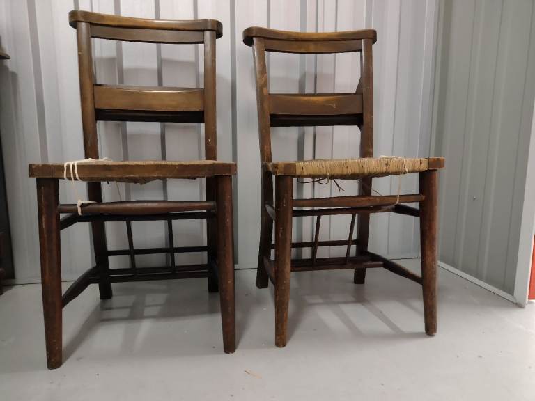 2 victorian wooden bible-back church chairs for renovation