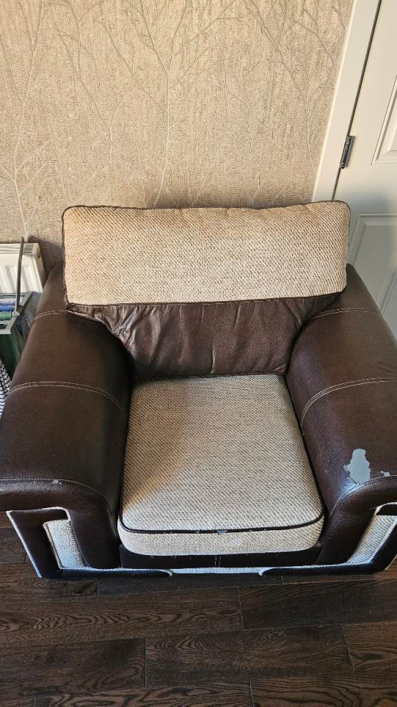 Brown Leather Armchair with Fabric Cushions – Fair Condition