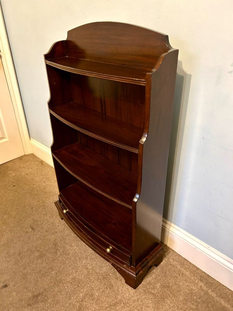 Mahogany Waterfall Bookcase 4 Fixed Shelves Drawer Curved Edges H44in/112cmW28in/71cm D9in/23cm J086