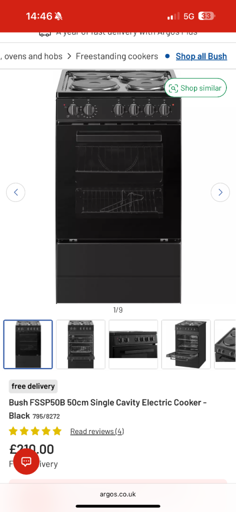 Bush FSSP50B 50cm Single Cavity Electric Cooker - Black