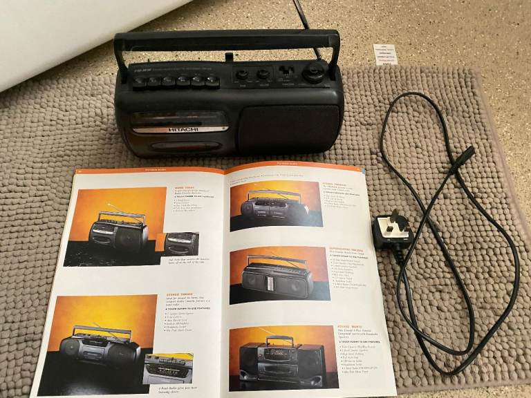 Hitachi TRK-65E Vintage FM-MW 2 Band Mono Radio Cassette Recorder Black With Product Brochure