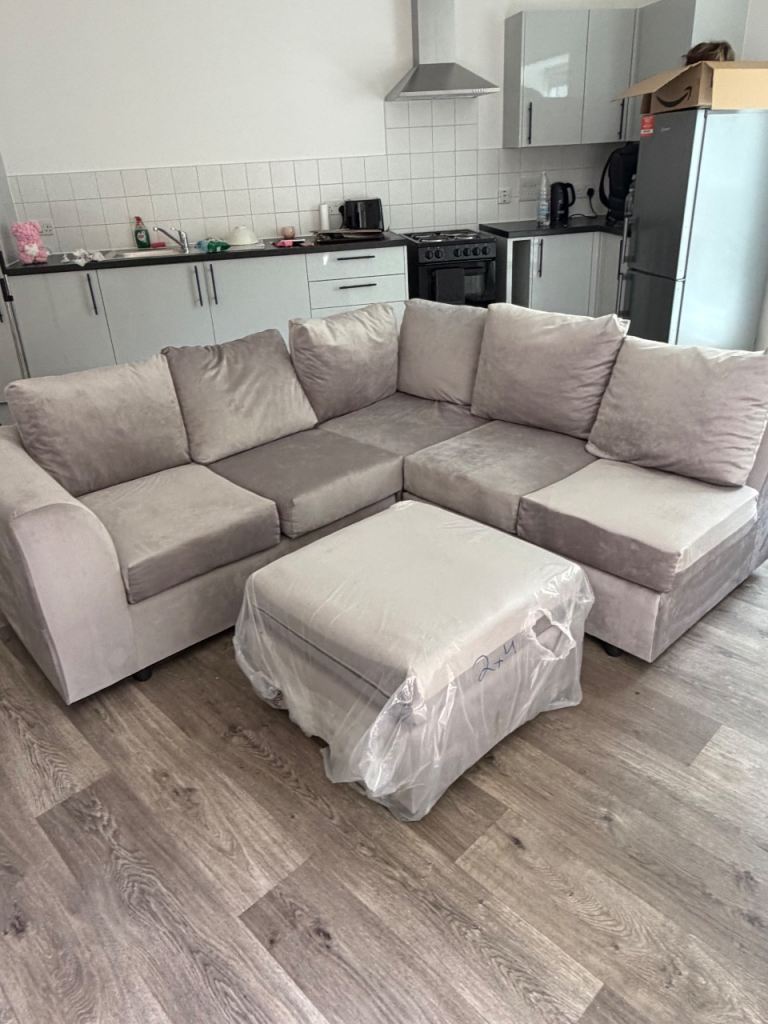 Comfortable Grey Fabric Corner Sofa with Footstool