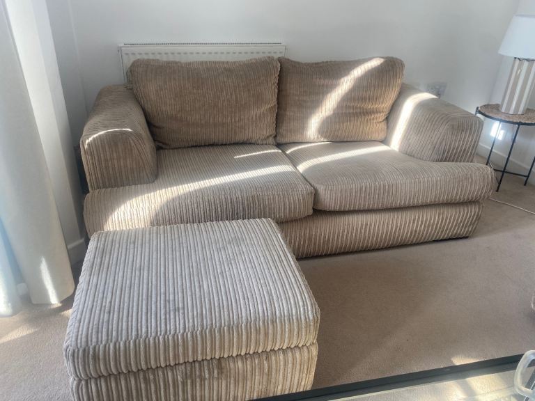 Sofas Beige Striped Fabric 2 & 1 Seater Sofa with Footstool Storage.