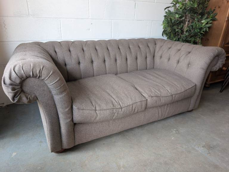 Grey Fabric Chesterfield Style Two-Seater Sofa – Good Condition