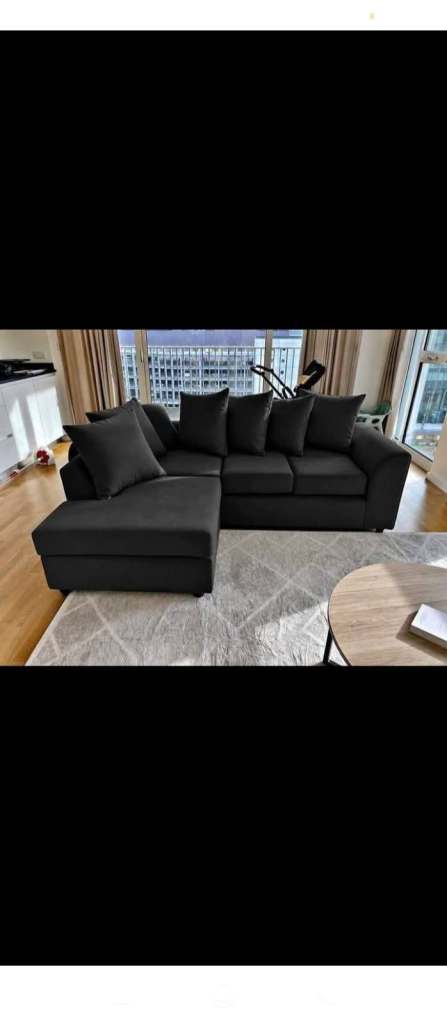 Modern Charcoal Black Fabric L-Shape Corner Sofa – Chaise Settee