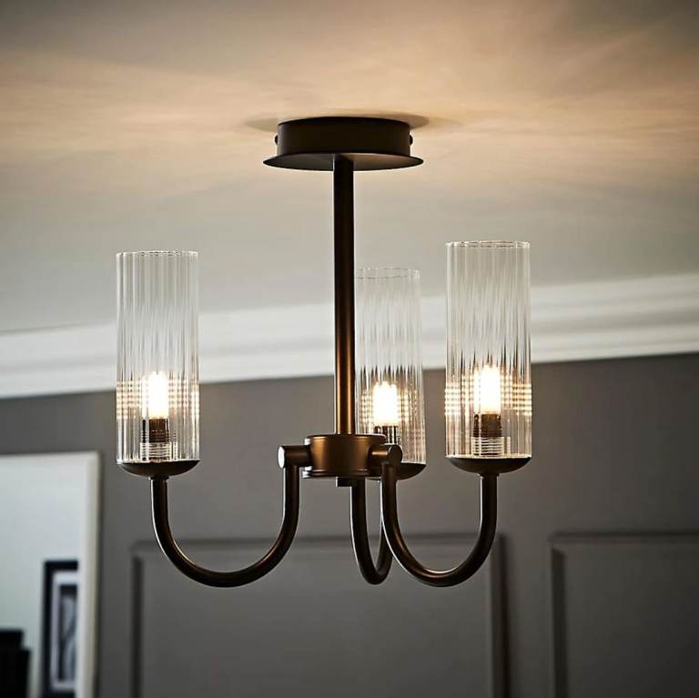 Canya 3 Way Matte Black Ceiling Light Chandelier with Clear Ribbed Shades