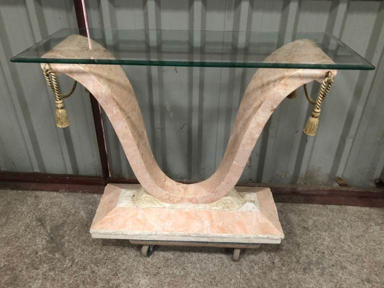 Curved "V" Shaped Stone Effect Console Table with Bevelled Glass Top, good condition.