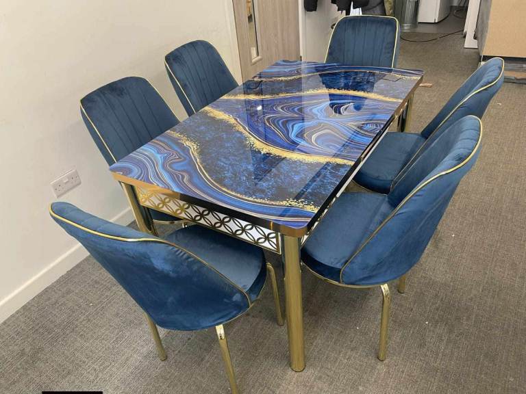 Brand New Extendable Dining Table with 6 Chairs – Blue & Gold | £380