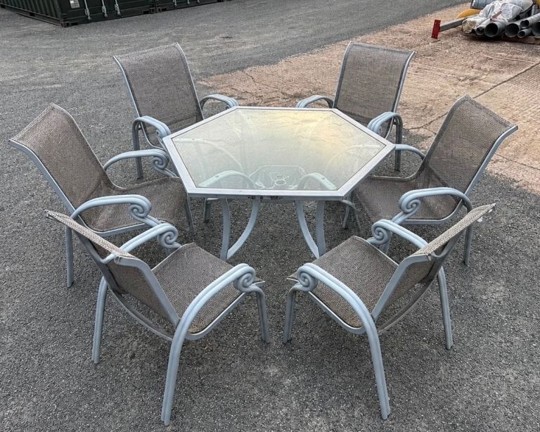 Garden Patio Furniture Set - Hexagonal Glass Table & 6 Chairs