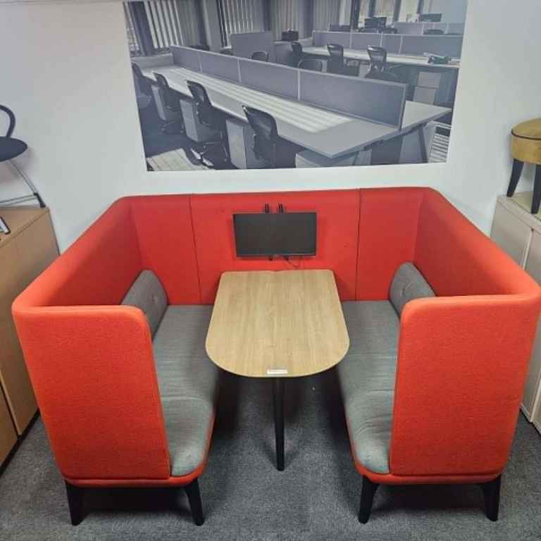 4-Person Booth Seating, Orange / Grey, Oak Table, Monitor, W2200mm