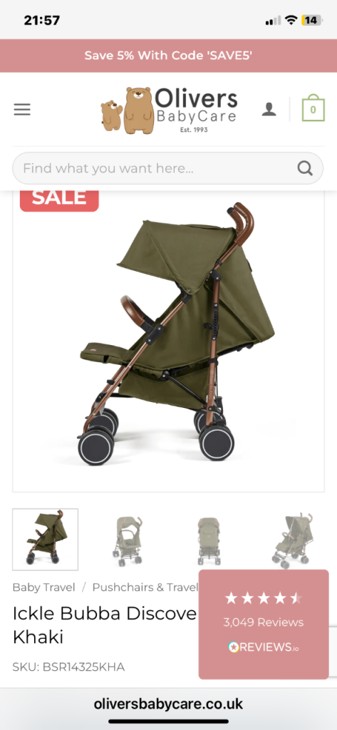 Ickle Bubba Discovery Stroller in Khaki Green. 