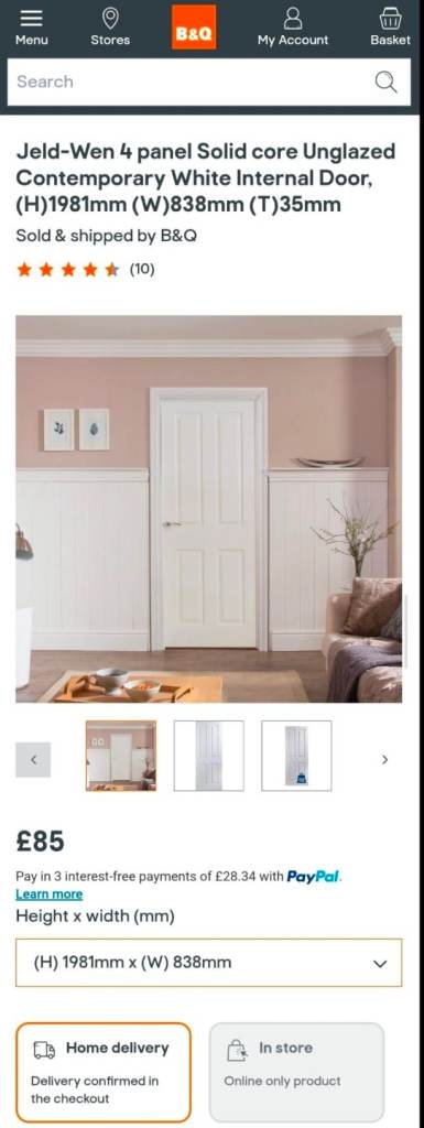 Jeld-Wen 4 panel Solid core Unglazed Contemporary White Internal Door, (H)1981mm (W)762mm (T)35mm