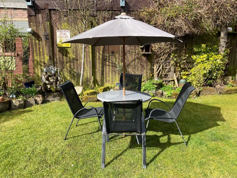 Outdoor Garden Furniture. Folding Table, 4 Chairs and a Parasol. Can deliver 