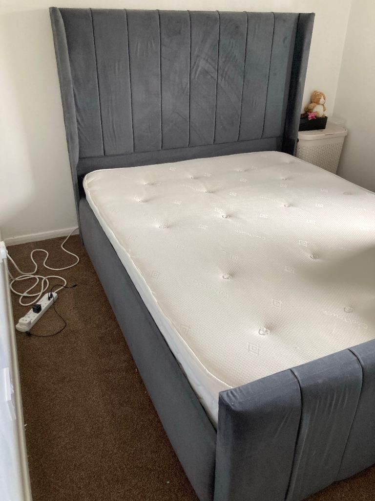 Free….King size Bed Frame with Mattress – Grey Velvet, Good Condition