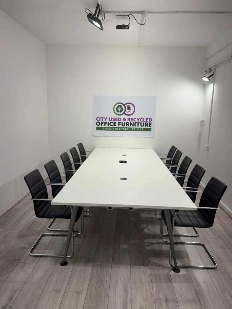 Herman Miller 10-12 Person Boardroom Table, White / Silver, Power, Portholes, L3360mm