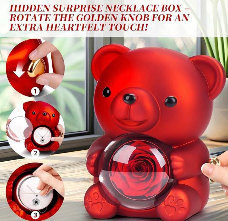Teddy Bear with Red Rose LED Light Dome Glass Display Romantic Gift Valentine
