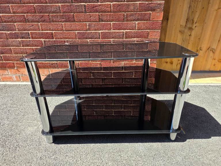 Black Glass TV Stand – Three Shelves, Good Condition