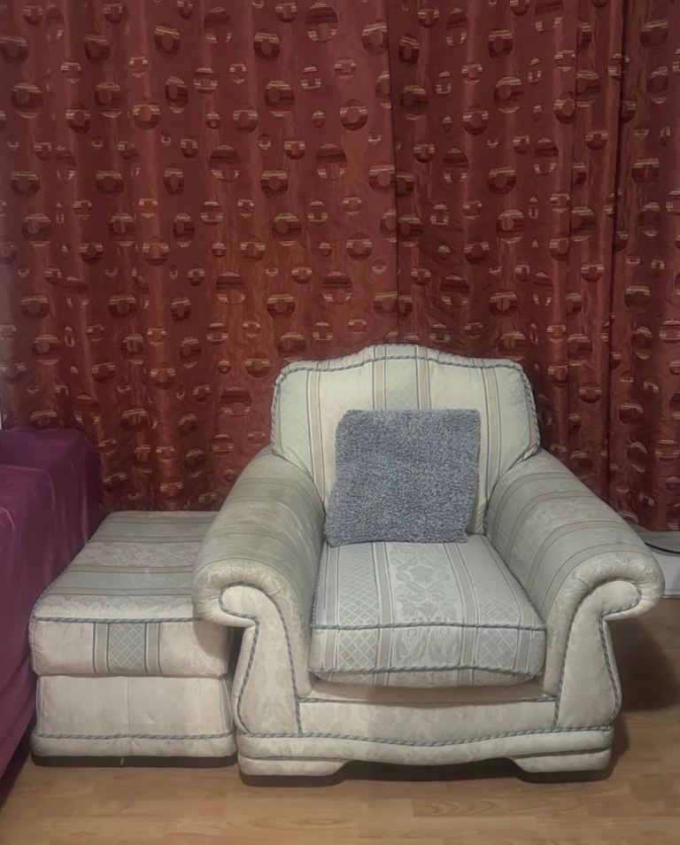 Armchair with Matching Footstool – Striped Fabric