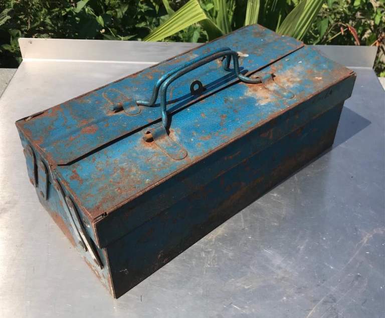 Vintage Blue Metal Toolbox – Well-Used Condition