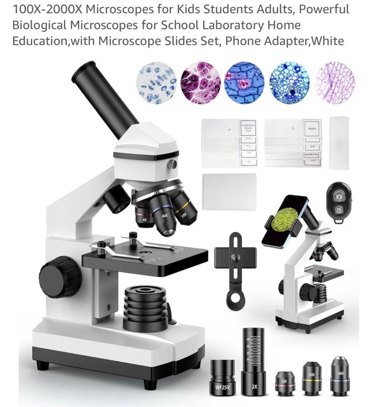 New 100X-2000X Biological Microscope with Slides & Phone Adapter