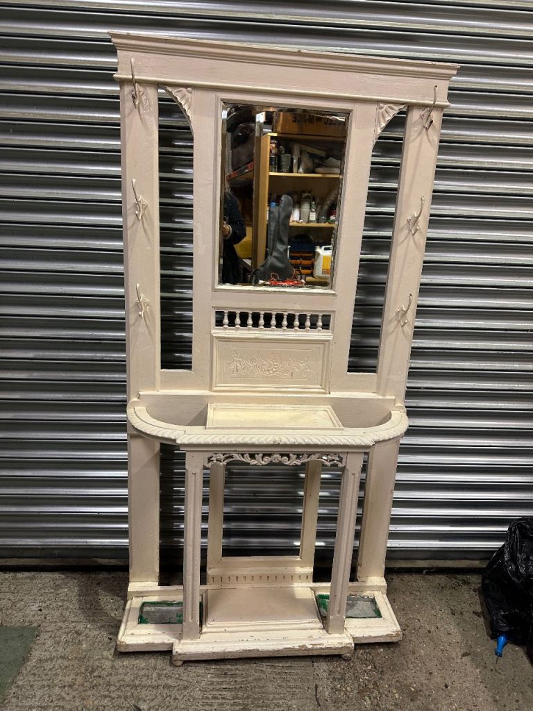 Vintage retro white antique hallway cabinet coat rack storage unit mirror white wooden