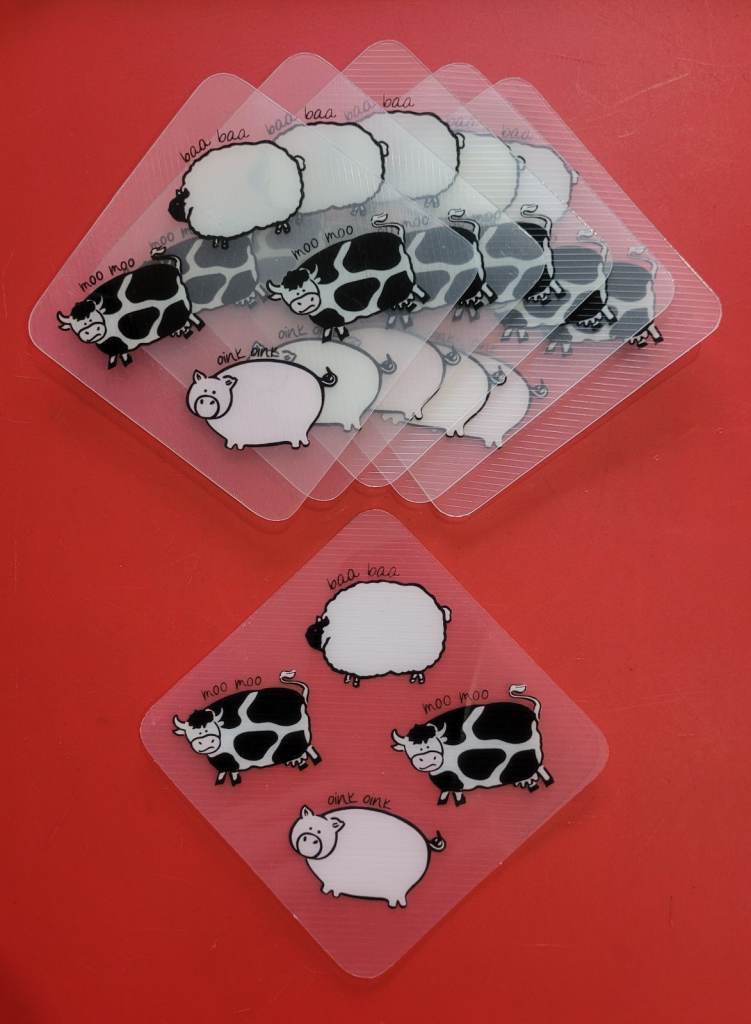 6 Clear plastic coasters with a sheep, cows and a pig - fun farm animals