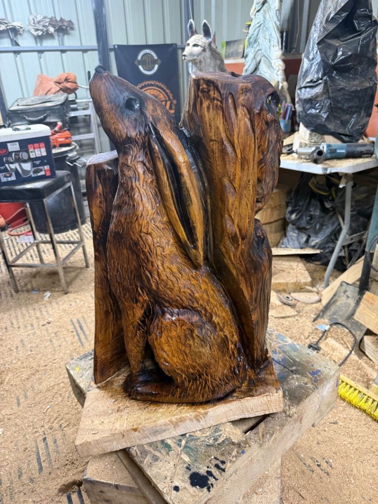 Moon Hare & Little Owl Chainsaw Carved in Black Locust 