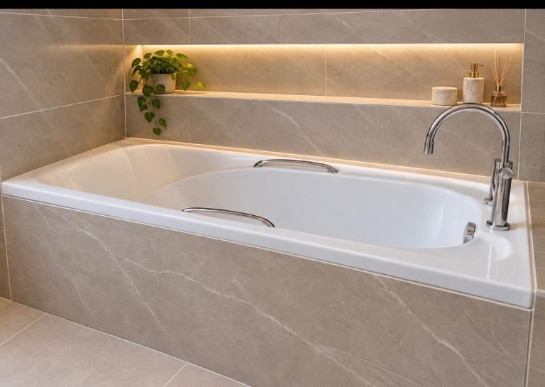 White acrylic bath with head rest free to take away Comes with chrome taps Size 1690x790mmm