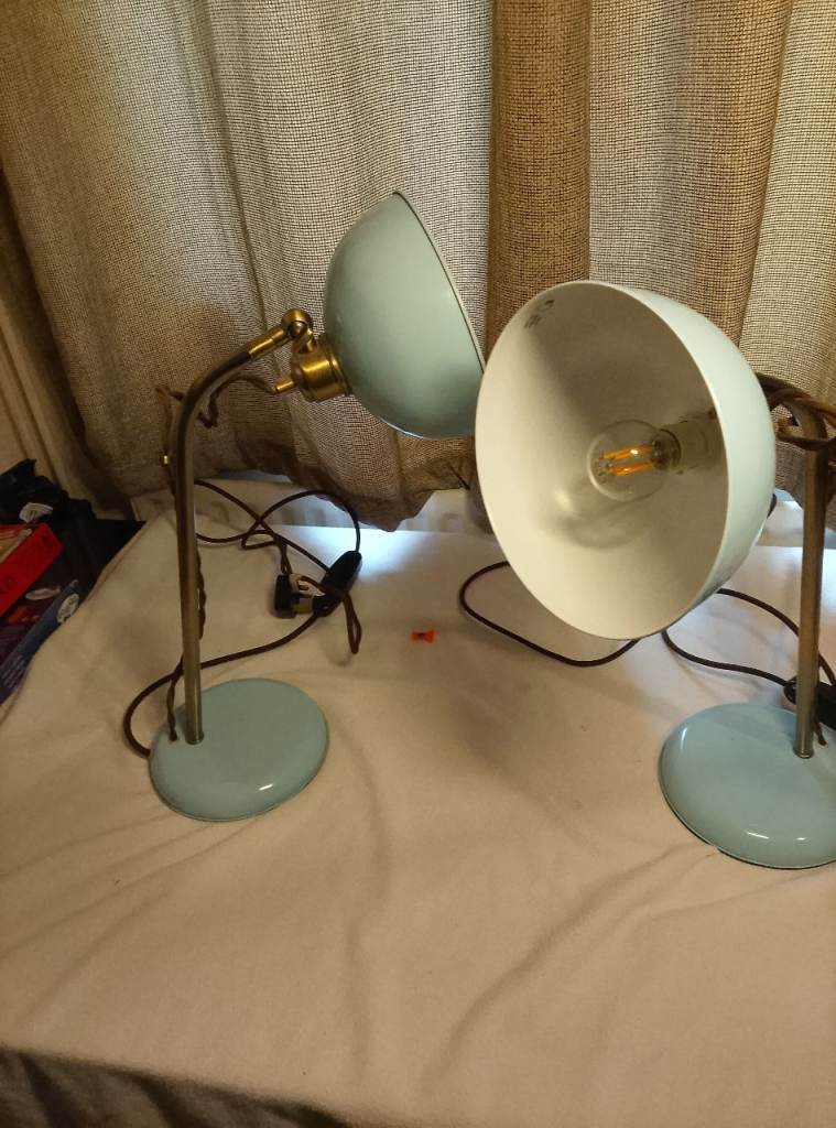 Pair of Retro Adjustable Desk Lamps - Blue & Brass