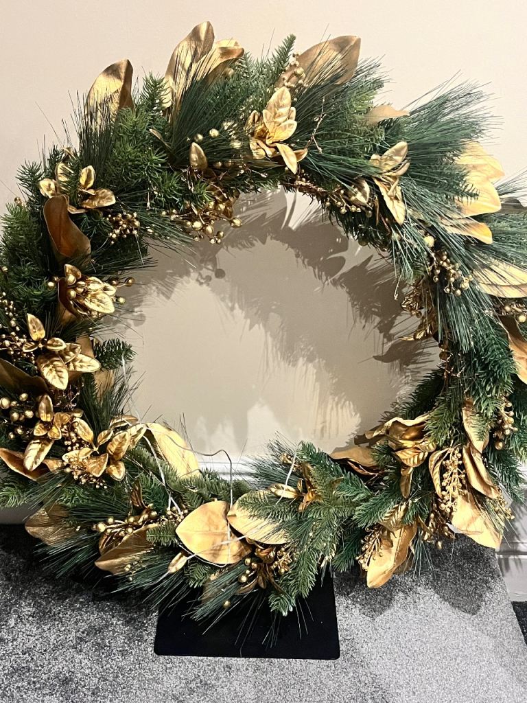 Large Gold and Green Christmas Wreath with Lights