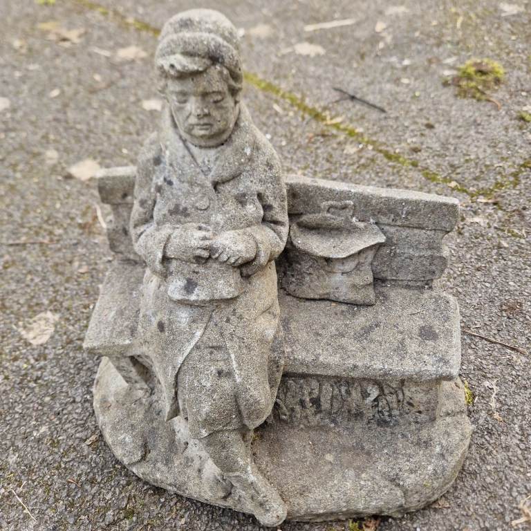 Solid stone garden statue weathered seat with lady