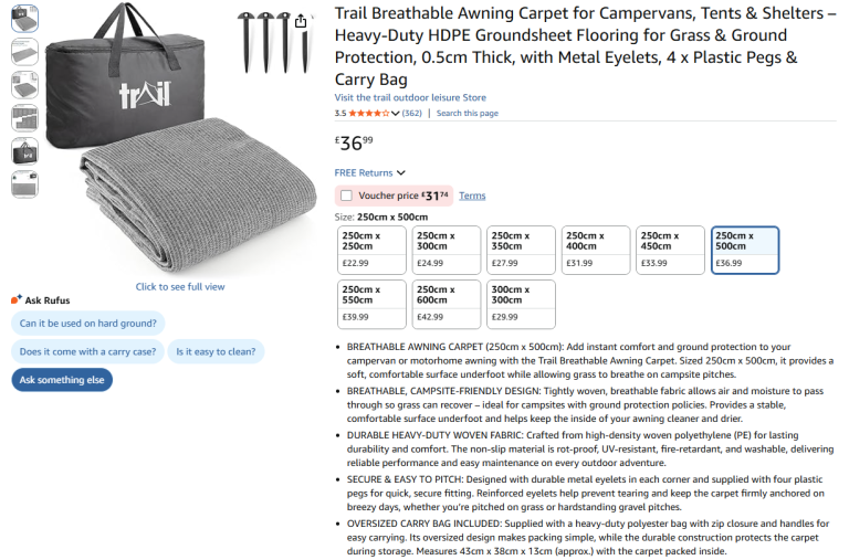 Brand New - Trail Breathable Awning Carpet for Campervans, Tents & Shelters - Half Price