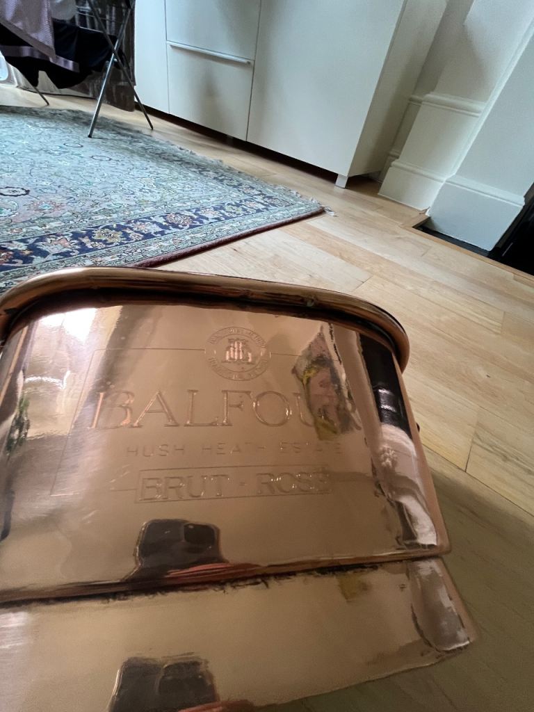 Balfour Hush Heath Estate branded Brut Rosé ice bucket made of polished copper 