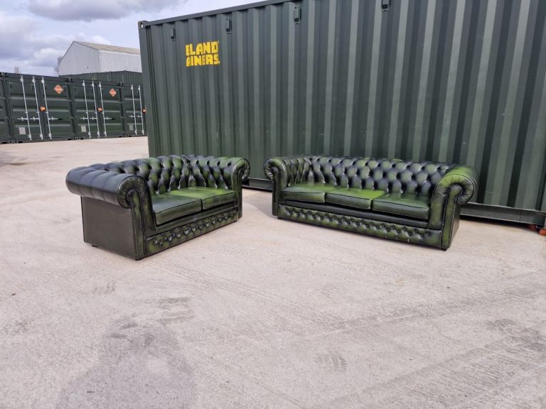 Two Vintage Thomas Lloyd Leather Chesterfield Sofas In Green 