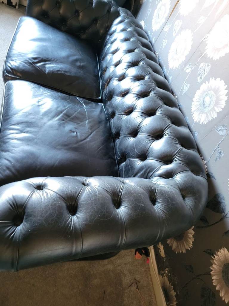 Black Leather Chesterfield Sofa – Two Seater, Fair Condition