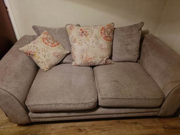 Comfortable Grey Fabric Two-Seater Sofa with Cushions