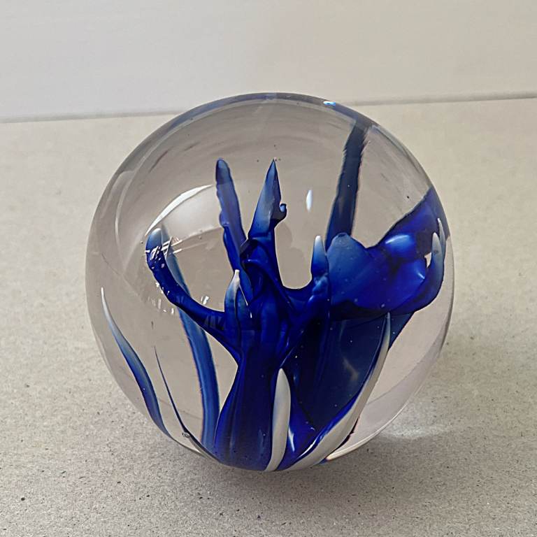 Vintage Wedgwood glass royal blue/white swirl paperweight. Approx 8cm dia. CAN POST.