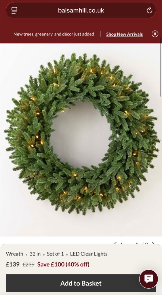 Balsam Hill 32" LED Christmas Wreath - New