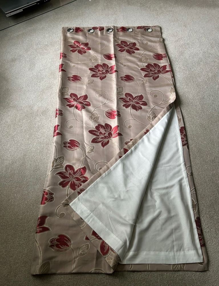 Harry Corry pair of Curtains- Taupe Background With Crimson Flowers 66 wide x 72 Drop