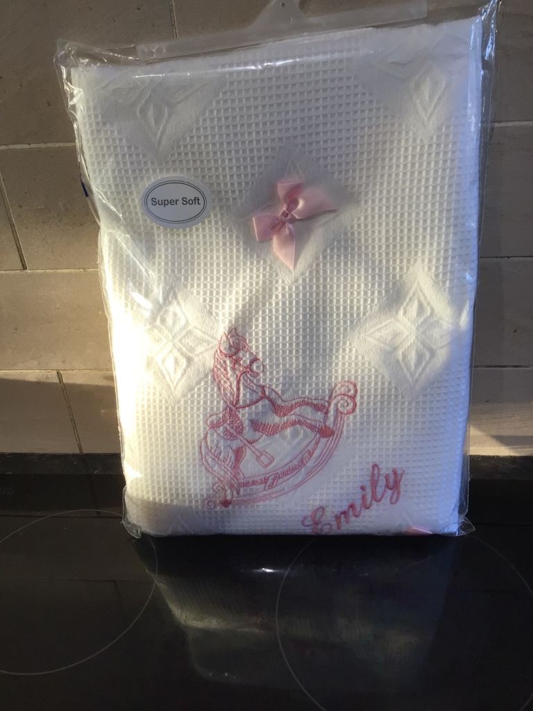 BRAND NEW SUPER SOFT BABY SHAWL WITH EMBROIDERED NAME EMILY UNOPENED 