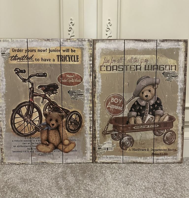 2 retro vintage wooden pictures 40cm x 30cm