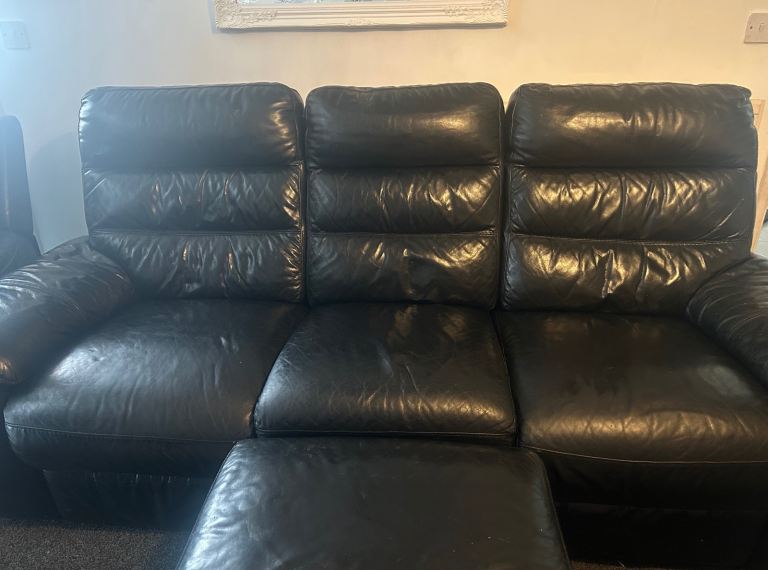Black Leather Sofa and Armchair Set with Footstool