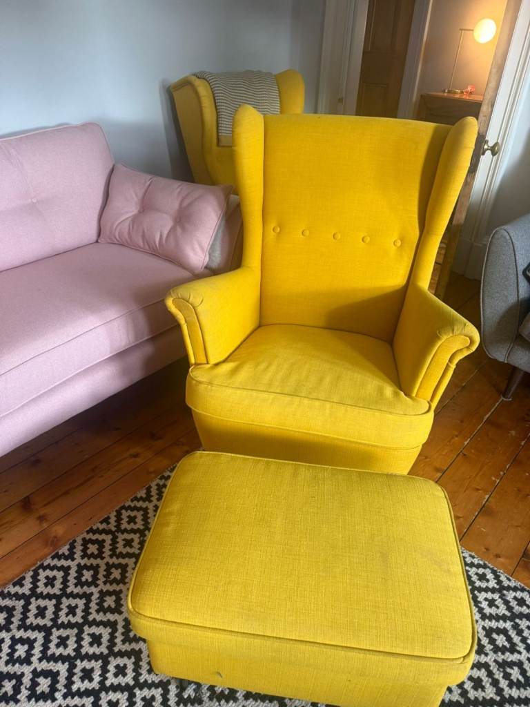 IKEA STRANDMON Armchair x2 and footstool, yellow