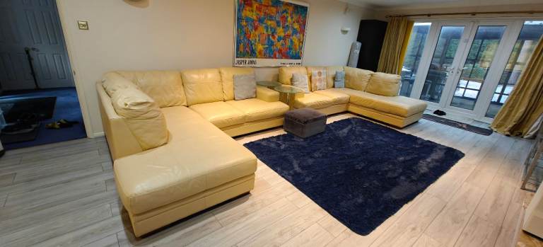 Leather Corner Sofa Couch Off White Cream Yellow Mustard Colour Left and Right